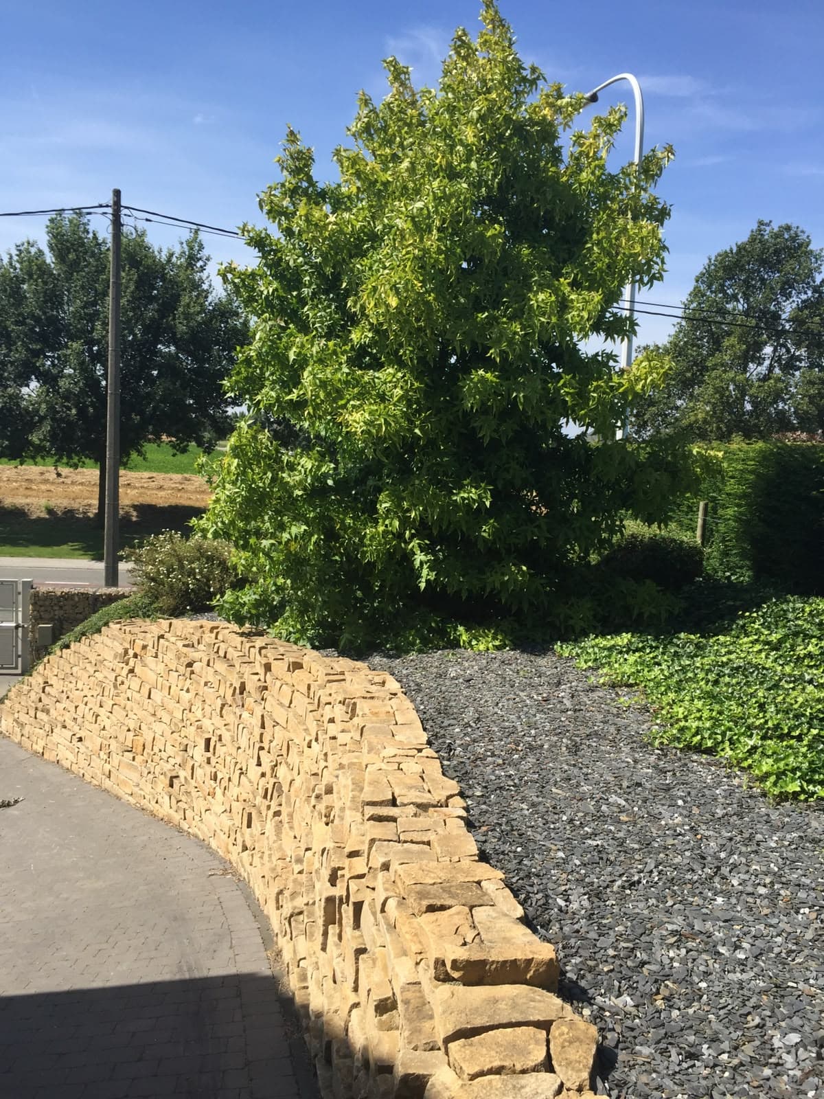 Muret en pierre sèche le long d’une allée de gravier
